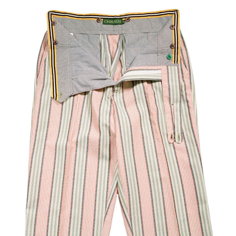 Mens 32 Gurkha Pants Orange Green Striped Cotton High Waist Flat Front Trousers - Picture 5 of 7